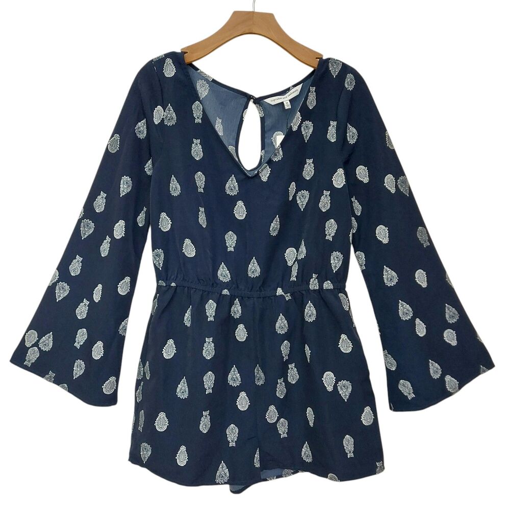 Cupcakes and Cashmere Romper Womens Medium Navy Bell Sleeve Boho Paisley